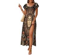 Vestido Verano Mujer Maxi Cuerpos Celestes Misteriosos - Vestido Largo Hongo del Dios Sol Manga Volantes Cuello Cuadrado con Abertura - Outfit Playa, Vacaciones, Eventos de Verano