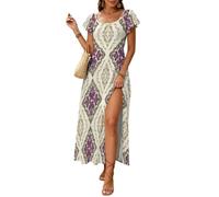 Vestido Verano Mujer Maxi Estilo Retro Europeo - Vestido Largo Rollo De Damasco Manga Volantes Cuello Cuadrado con Abertura - Outfit Playa, Vacaciones, Eventos de Verano