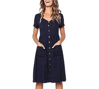 Vestido Verano Mujer Midi Vestidos Casual Botones Cuello en V de Manga Corta Línea A con Bolsillos S-XL, M