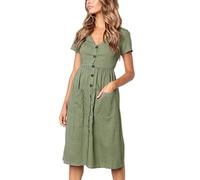 Vestido Verano Mujer Midi Vestidos Casual Botones Cuello en V de Manga Corta Línea A con Bolsillos S-XL, L