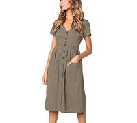 Vestido Verano Mujer Midi Vestidos Casual Botones Cuello en V de Manga Corta Línea A con Bolsillos S-XL, S