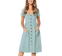 Vestido Verano Mujer Midi Vestidos Casual Botones Cuello en V de Manga Corta Línea A con Bolsillos S-XL, XL