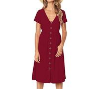 Vestido Verano Mujer Midi Vestidos Casual Botones Cuello en V de Manga Corta Línea A con Bolsillos S-XL, XL