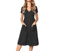 Vestido Verano Mujer Midi Vestidos Casual Botones Cuello en V de Manga Corta Línea A con Bolsillos S-XL, L