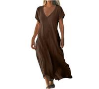 Vestido Verano Mujer Rebajas Algodón y Lino Vestidos Mujer Casual de Cuello en V Lino Vestido Elegante Mujers de Manga Corta Casual Holgado Color Sólido Maxi Dress Ligero y Transpirable Ropa Verano