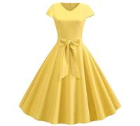 Vestido vintage 50 años mujer retro Rockabilly Pin-Up Chic Y Elegante Vestidos De Rodilla Sin Respaldo 1950's Swing Casual Dress De Audrey Hepburn Fiesta Cóctel Baile, amarillo, M