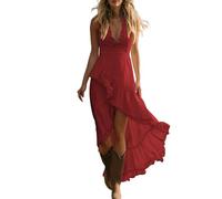 Vestido vintage con cuello en V y San Manga para mujer Retro Western Country Vestidos Bohemia Chic Vestido de Festival Playa Gran Tamaño Gótico Falda Dedisfraz Hippie Traje de Vaquera, rojo, L