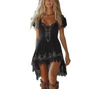 Vestido vintage con cuello en V y san mangas para mujeres retro western country vestidos casuales vestido de fiesta de gran tamaño gótico falda disfraz hippie traje vaquera, negro, XL