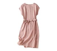 Vestido vintage de algodón y lino para mujer, traje sencillo con cordones, media longitud, manga corta, nueva colección de verano, vestido de verano, rosa, XL