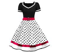 Vestido vintage de cóctel para mujer, de manga corta, cuello en V, de los años 50, lunares, retro, con estampado floral, para bodas, fiestas, bailes de graduación, con cinturón en la cintura, Blanco,
