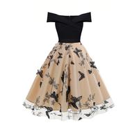 Vestido Vintage de los años 50 con Retazos de Malla de Lunares for Mujer, Falda Larga Midi básica, Falda de Temperamento Vintage, Tops de Fiesta navideña con un Cuello, Ropa (Color : Butterfly, Tama