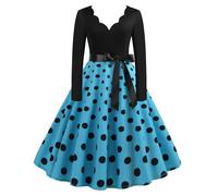 Vestido vintage de los años 50 para mujer, estilo rockabilly, manga larga, cuello en V, lunares, acampanado, vestido de cóctel, fiesta, noche, graduación, tallas S-3XL, azul celeste, M