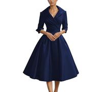 Vestido Vintage de los años 50 y 60 Estilo Hepburn Intura de un Solo Pecho A-Line Bordado Manga Larga Vestidos Elegantes con Cuello V Midi Vestido de cóctel Banquete Formal Oficina para Bodas