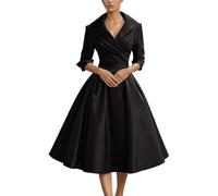 Vestido Vintage de los años 50 y 60 Estilo Hepburn Intura de un Solo Pecho A-Line Bordado Manga Larga Vestidos Elegantes con Cuello V Midi Vestido de cóctel Banquete Formal Oficina para Bodas
