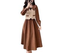 Vestido vintage de manga larga acampanado, cuello Peter Pan, cintura elástica, casual, para mujer, vestido camisero de dos piezas, marrón, S