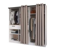 Vestidor abierto modular flexa dormitorio en color roble jackson y blanco mate con 2 cajones, 5 estantes, 2 barras con o sin cortinas 203x200 cm