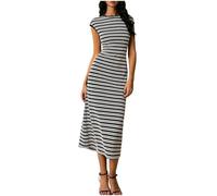 Vestidos a rayas para mujer, cuello redondo, manga casquillo, entallados, de punto acanalado, para verano, para el trabajo y la oficina, Negro, XL