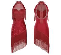 Vestidos Baile Latino Rhinestones Latin Tango Belly Dance Fringe Dress Womens Halter Sleeveless Back Cut For Class Competition Performance(S)