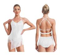 Vestidos Baile Latino Women Sleeveless Halter Neck Latin Tango Dance Dress with Rhinestones Backless Tassels Patchwork Leotard Gymnastic Skating(White A,M)