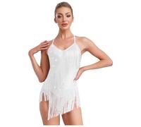 Vestidos Baile Latino Womens Latin Tango Dance Leotard Dress Asymmetrical Shoulder Glitter Rhinestones Tassel Irregular Hem Openable Crotch Dancewear(White A,L)