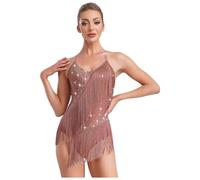 Vestidos Baile Latino Womens Latin Tango Dance Leotard Dress Asymmetrical Shoulder Glitter Rhinestones Tassel Irregular Hem Openable Crotch Dancewear(Pink A,XL)