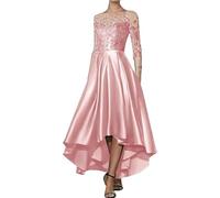 Vestidos Boda Invitada Largo Apliques de satén con Escote en V, asimétrico, Largo hasta la Rodilla, Corte A, Delantero Corto, Espalda Larga, for invitada de Boda(Pink,4)