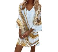 Vestidos Boda Invitada Mujer-Vestido Lindo para Mujer Manga De Campana Capas con Volantes Cuello En V Suelto Swing Estampado Floral Mini Vestido