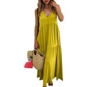 Vestidos bohemios 2026 para mujer, estilo bohemio, estilo bohemio, color sólido, sin mangas, cuello en V, vestido largo para la playa, vestido largo de verano, amarillo, 3XL
