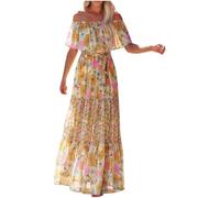 Vestidos bohemios 2026 para mujer, maxi vestido bohemio con hombros descubiertos con estampado floral, elegante atuendo largo casual de playa, amarillo, 3XL
