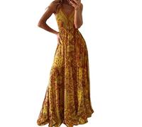 Vestidos bohemios 2026 para mujer, vestido largo bohemio con estampado floral, sin mangas, cintura alta, abertura para verano, playa, amarillo, 5XL