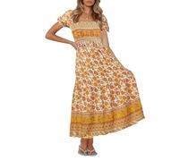 Vestidos bohemios para mujer, cuello cuadrado, cintura alta fruncida, vestido largo fluido, vestidos casuales de verano con estampado floral, vestidos de manga con vuelo, amarillo, XL
