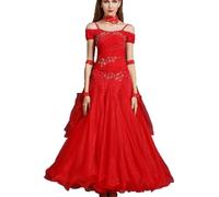 Vestidos Bordados De Baile De Salón para Mujer Traje De Entrenamiento De Tango Y Vals Sin Tirantes Vestido De Baile Latino Falda De Práctica Moderna para Salsa,Rojo,M