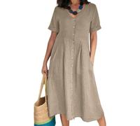 Vestidos camiseros Casuales para Mujer, Vestido Maxi de algodón con Cuello en V y Manga Corta, Talla Grande, Vestidos de Playa Holgados Color Caqui, Talla Grande