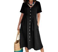 Vestidos camiseros de algodón para Mujer, Cuello en V, Manga Corta, Vestido Maxi de algodón, Talla Grande, Vestidos Playa Holgados, Negro, Talla Grande