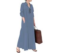Vestidos camiseros de algodón para Mujer, Tallas Grandes, Manga Larga, Cuello en V, Vestido Maxi, Corte Holgado, Vestido de Playa para Vacaciones, Tallas Grandes, Azul, Grande