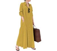 Vestidos camiseros de algodón para Mujer, Tallas Grandes, Manga Larga, Cuello en V, Vestido Maxi, Corte Holgado, Vestido de Playa para Vacaciones, Tallas Grandes, Amarillo, Talla Mediana