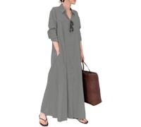 Vestidos camiseros de algodón para Mujer, Tallas Grandes, Manga Larga, Cuello en V, Vestido Maxi, Corte Holgado, Vestido de Playa para Vacaciones, Tallas Grandes, Gris Claro, 3X Large