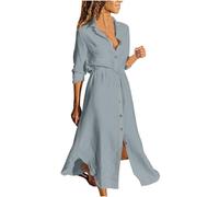 Vestidos camiseros de lino para mujer, vestido casual liso, vestidos largos lisos, trajes de moda para mujer 2025, gris, L