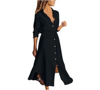 Vestidos camiseros de lino para mujer, vestido casual liso, vestidos largos lisos, trajes de moda para mujer 2025, Negro, L