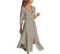 Vestidos camiseros de lino para mujer, vestido casual liso, vestidos largos lisos, trajes de moda para mujer 2025, caqui, M