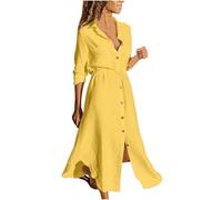 Vestidos camiseros de lino para mujer, vestido casual liso, vestidos largos lisos, trajes de moda para mujer 2025, amarillo, L
