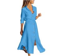 Vestidos camiseros de lino para mujer, vestido casual liso, vestidos largos lisos, trajes de moda para mujer 2025, azul, 4XL