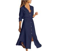 Vestidos camiseros de lino para mujer, vestido casual liso, vestidos largos lisos, trajes de moda para mujer 2025, azul marino, L