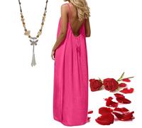 Vestidos Camisola sin Espalda for Mujer, 2026 Nuevo Vestido Camisero sin Espalda con Tirantes Finos for Playa, Verano, Suelto, for Vacaciones, con Collar(Hot Pink,S)