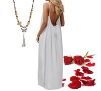 Vestidos Camisola sin Espalda for Mujer, 2026 Nuevo Vestido Camisero sin Espalda con Tirantes Finos for Playa, Verano, Suelto, for Vacaciones, con Collar(Off-White,S)