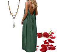 Vestidos Camisola sin Espalda for Mujer, 2026 Nuevo Vestido Camisero sin Espalda con Tirantes Finos for Playa, Verano, Suelto, for Vacaciones, con Collar(Dark Green,XX Large)