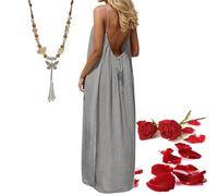 Vestidos Camisola sin Espalda for Mujer, 2026 Nuevo Vestido Camisero sin Espalda con Tirantes Finos for Playa, Verano, Suelto, for Vacaciones, con Collar(Light Gray,3XL)