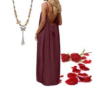 Vestidos Camisola sin Espalda for Mujer, 2026 Nuevo Vestido Camisero sin Espalda con Tirantes Finos for Playa, Verano, Suelto, for Vacaciones, con Collar(Burgundy,XX Large)