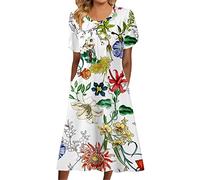 Vestidos casuales 2024 para mujer, con cuello de encaje, manga corta, con bolsillos, vestido largo de lino cruzado, amarillo, XXL