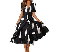 Vestidos casuales de verano de manga corta para mujer, 2024, con vuelo, retro, cuello en V, estampado floral, vestidos de talla grande para mujeres con curvas, vestidos de primavera para mujer, Negro,